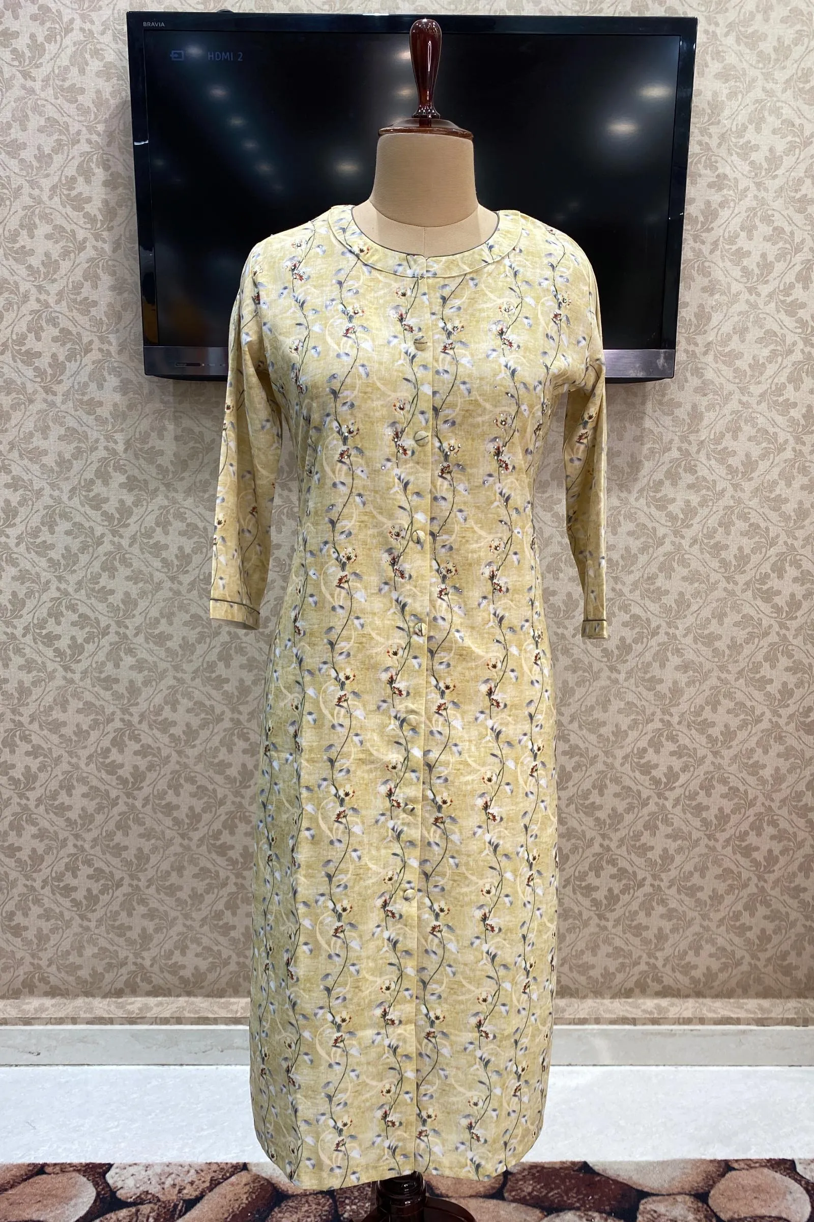 Green Lenin Cotton Stone and Print work Calf Length Kurti