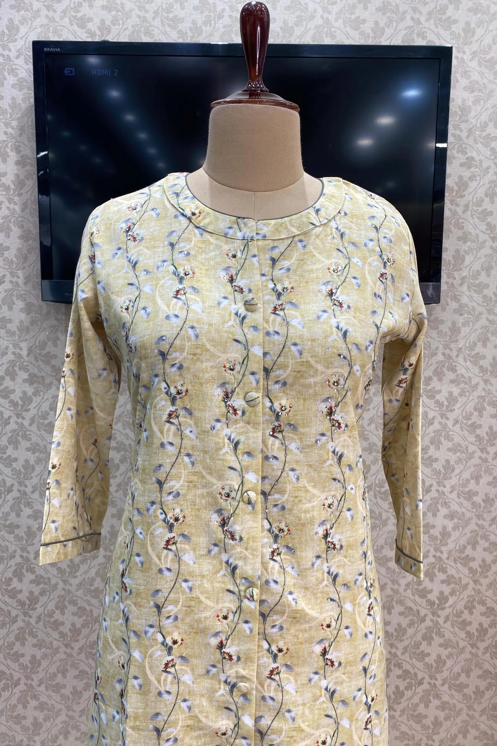 Green Lenin Cotton Stone and Print work Calf Length Kurti