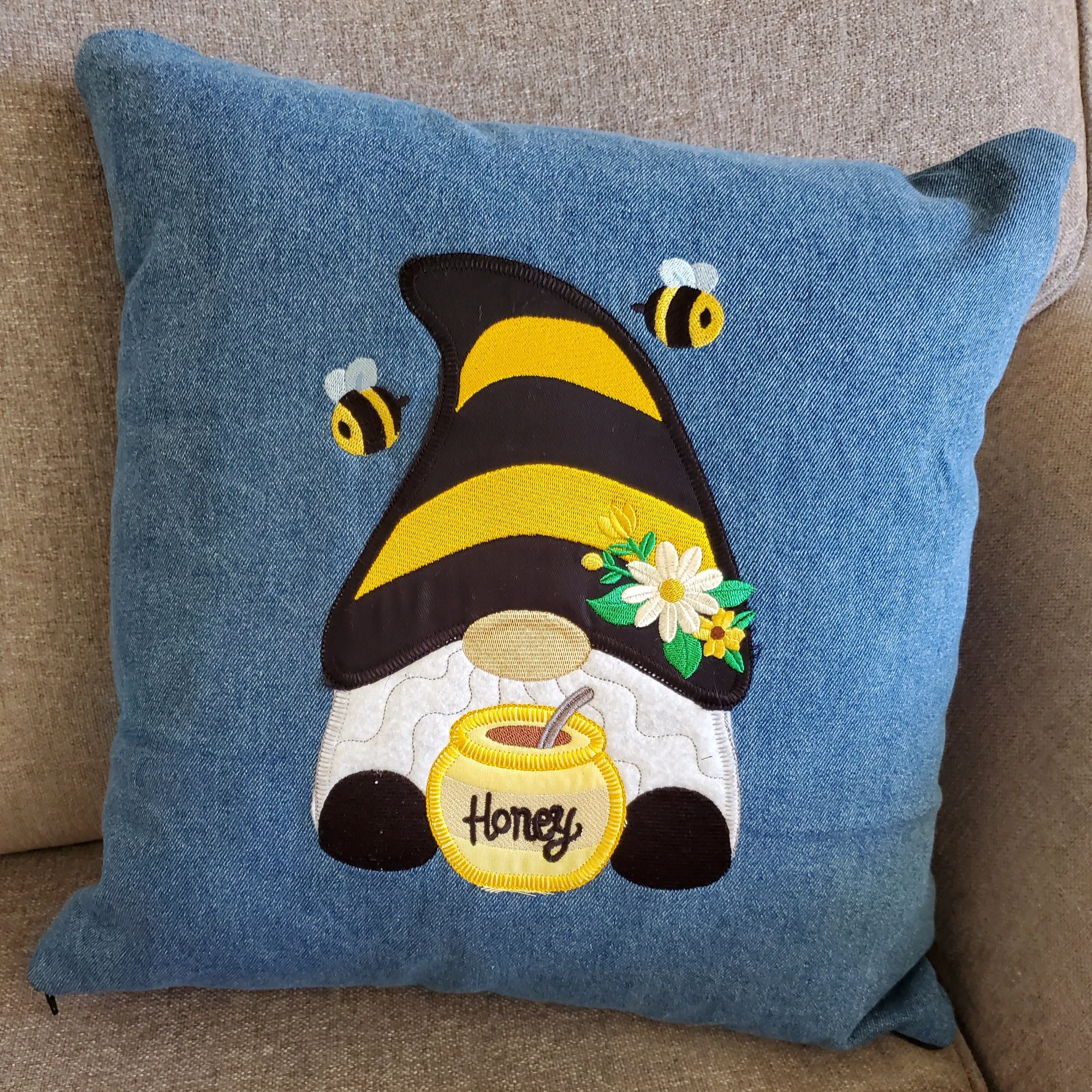 Honey Gnome Denim Pillow Cover