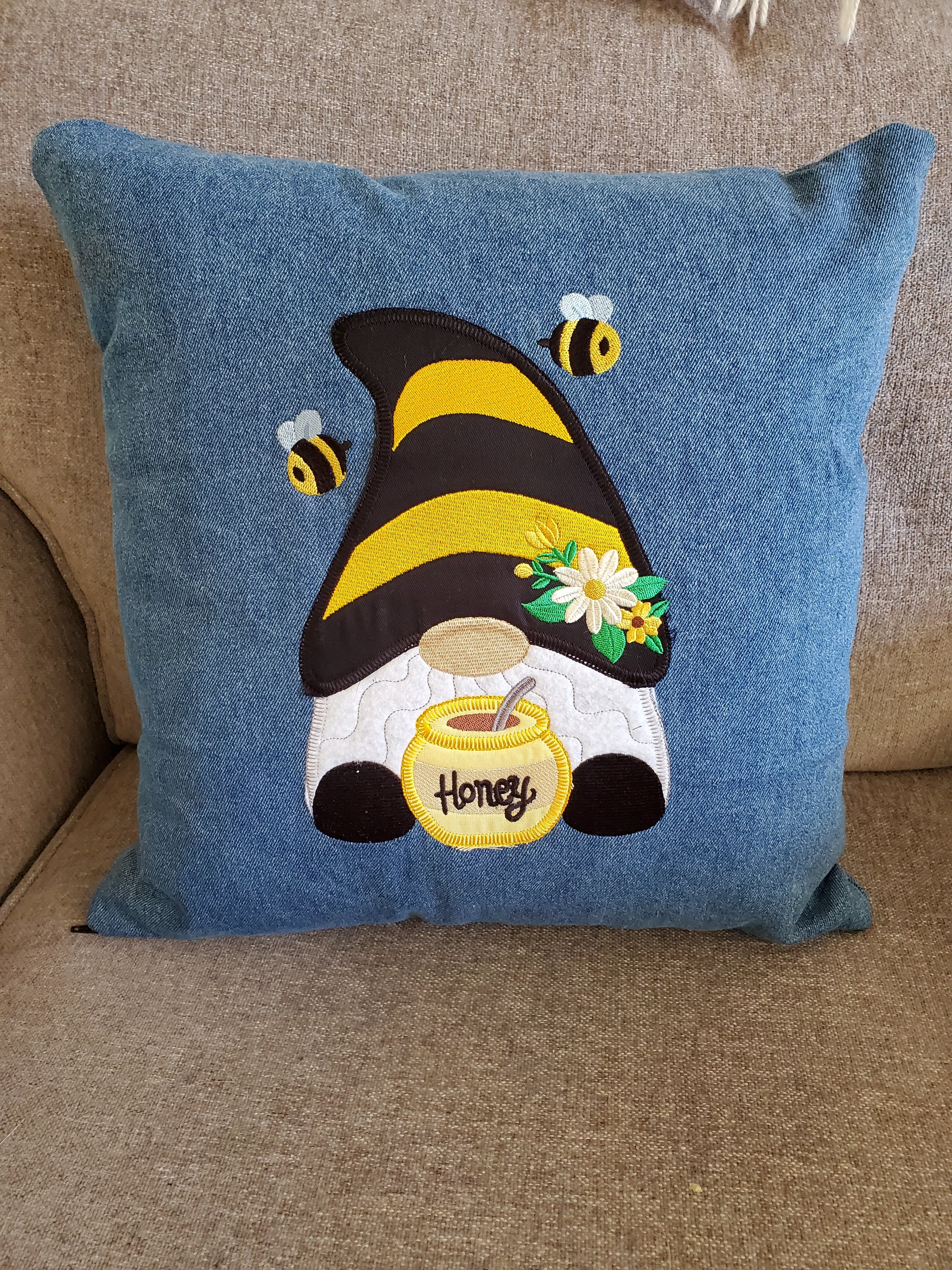 Honey Gnome Denim Pillow Cover