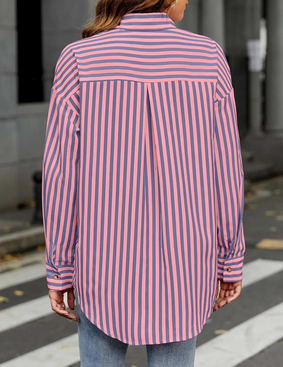 HOTOUCH Women's Striped Button Down Shirts Casual Long Sleeve Boyfriend Loose Collared Blouses Tops