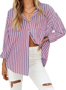 HOTOUCH Women's Striped Button Down Shirts Casual Long Sleeve Boyfriend Loose Collared Blouses Tops