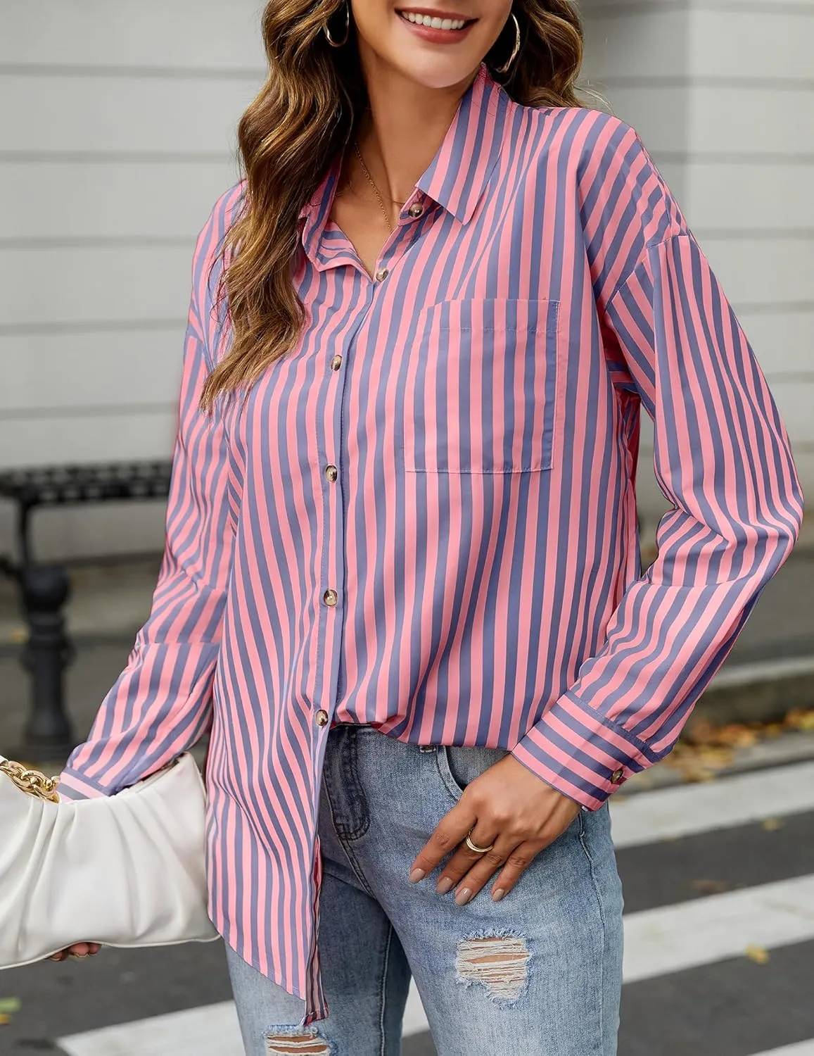 HOTOUCH Women's Striped Button Down Shirts Casual Long Sleeve Boyfriend Loose Collared Blouses Tops