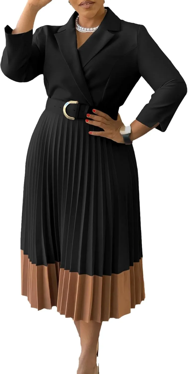 HuiSiFang Women's Long Sleeve Blazer Dress Elegant Dressy Lapel Pleated Midi Dress with Belt