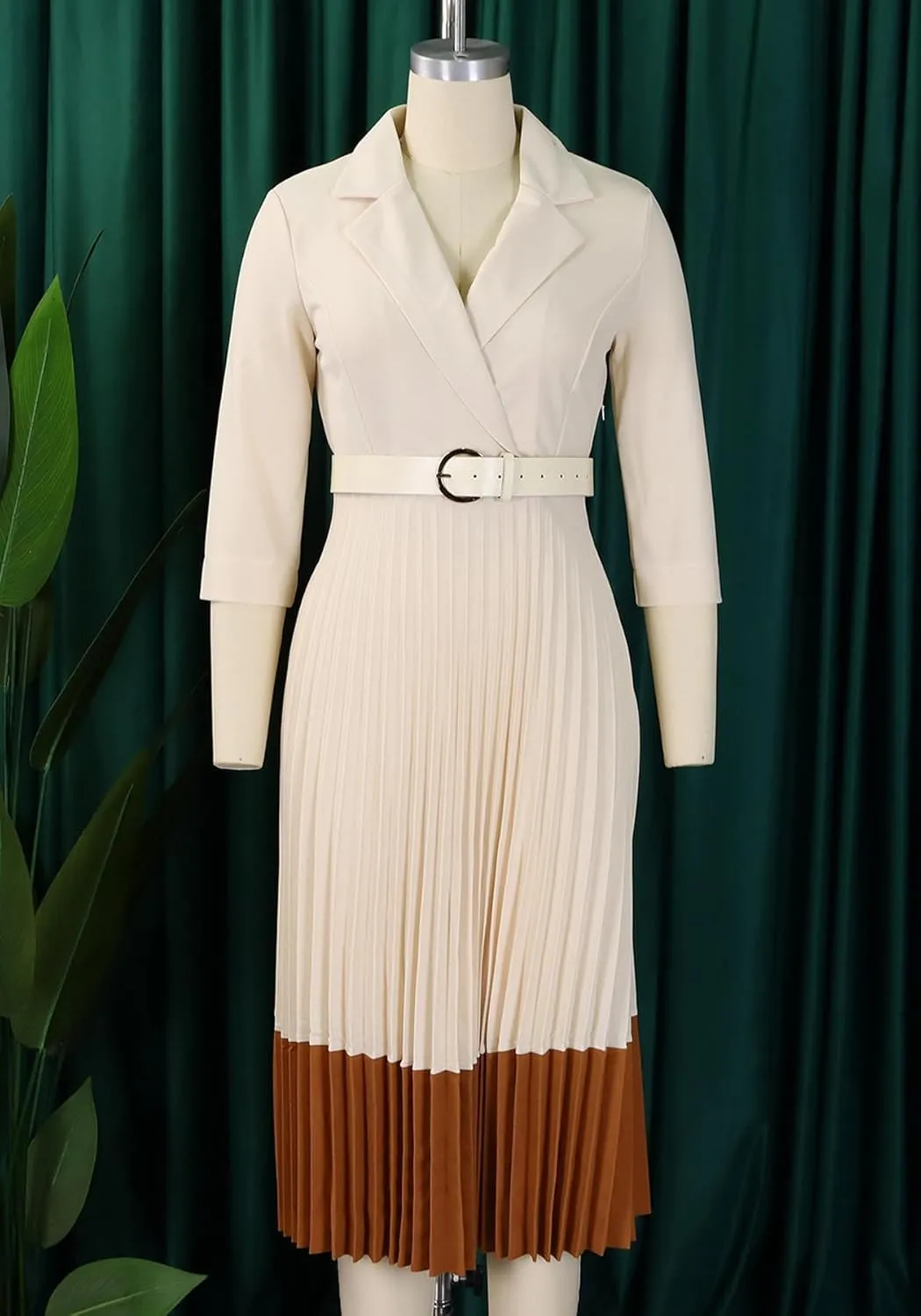 HuiSiFang Women's Long Sleeve Blazer Dress Elegant Dressy Lapel Pleated Midi Dress with Belt