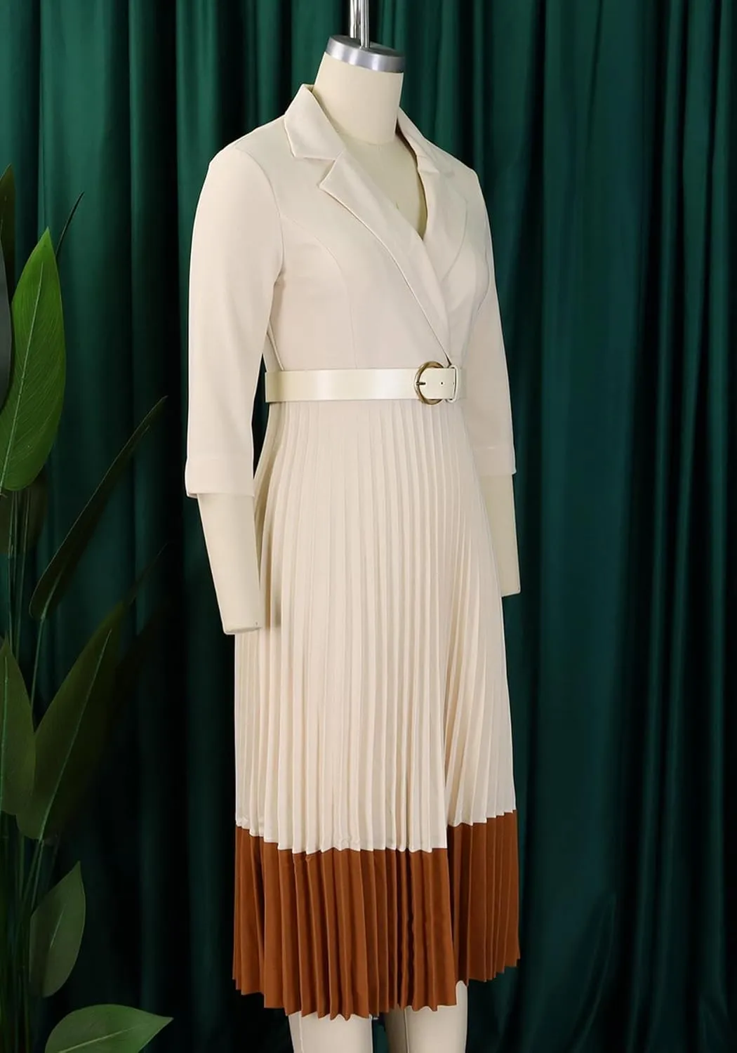 HuiSiFang Women's Long Sleeve Blazer Dress Elegant Dressy Lapel Pleated Midi Dress with Belt