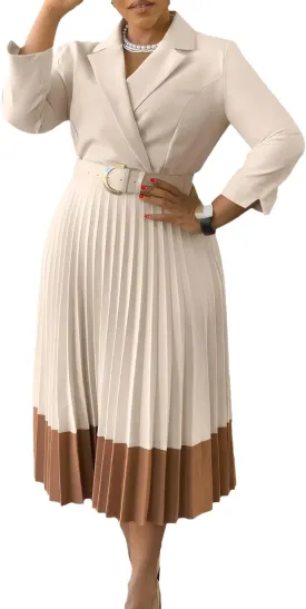 HuiSiFang Women's Long Sleeve Blazer Dress Elegant Dressy Lapel Pleated Midi Dress with Belt