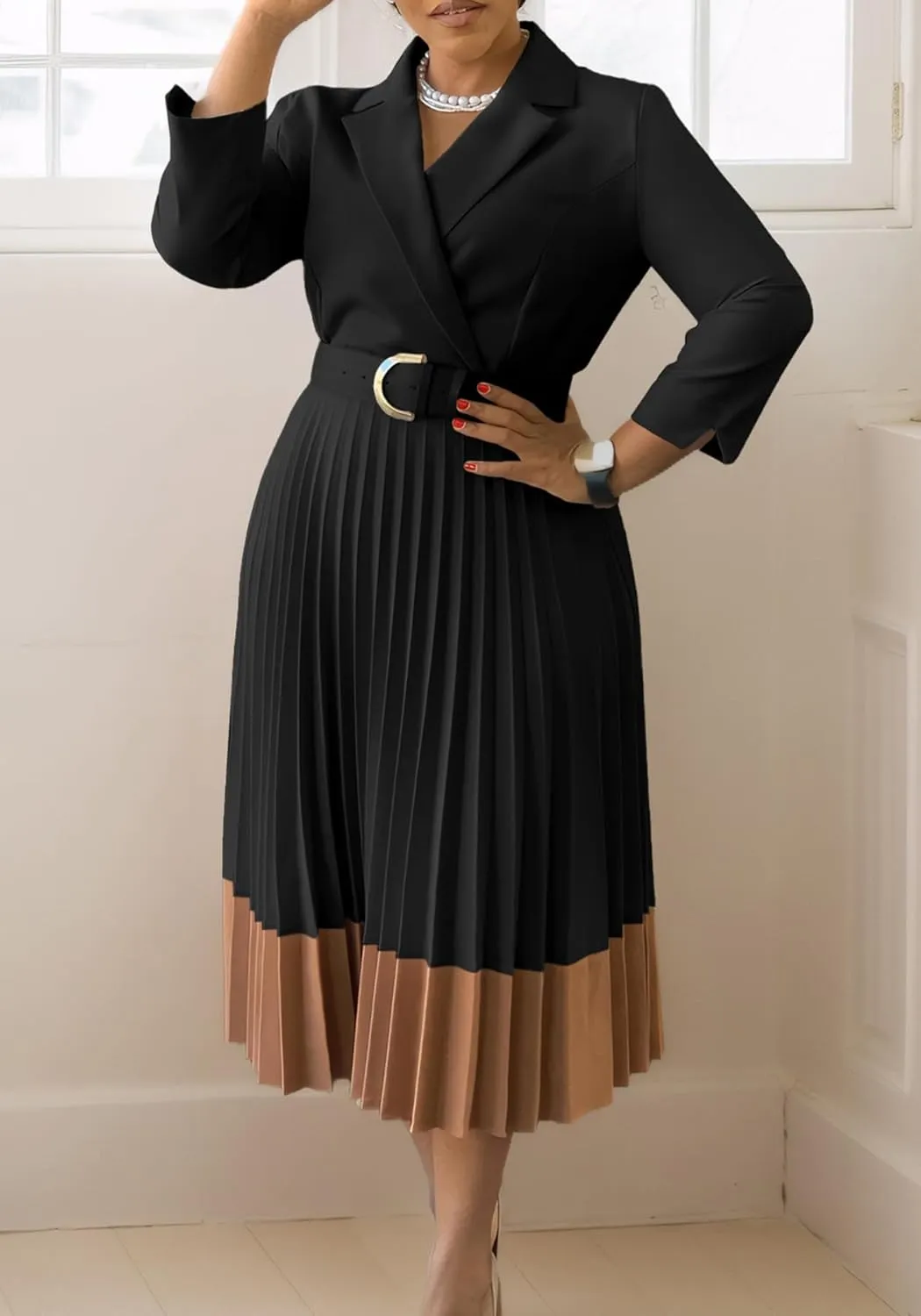 HuiSiFang Women's Long Sleeve Blazer Dress Elegant Dressy Lapel Pleated Midi Dress with Belt