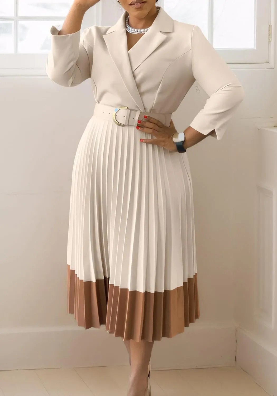 HuiSiFang Women's Long Sleeve Blazer Dress Elegant Dressy Lapel Pleated Midi Dress with Belt