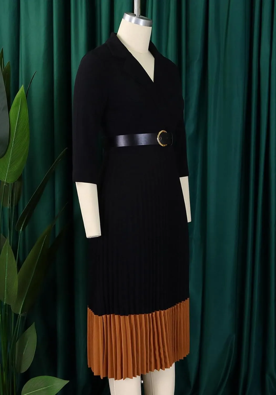 HuiSiFang Women's Long Sleeve Blazer Dress Elegant Dressy Lapel Pleated Midi Dress with Belt