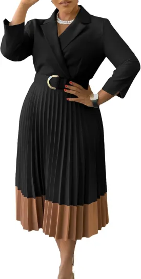 HuiSiFang Women's Long Sleeve Blazer Dress Elegant Dressy Lapel Pleated Midi Dress with Belt