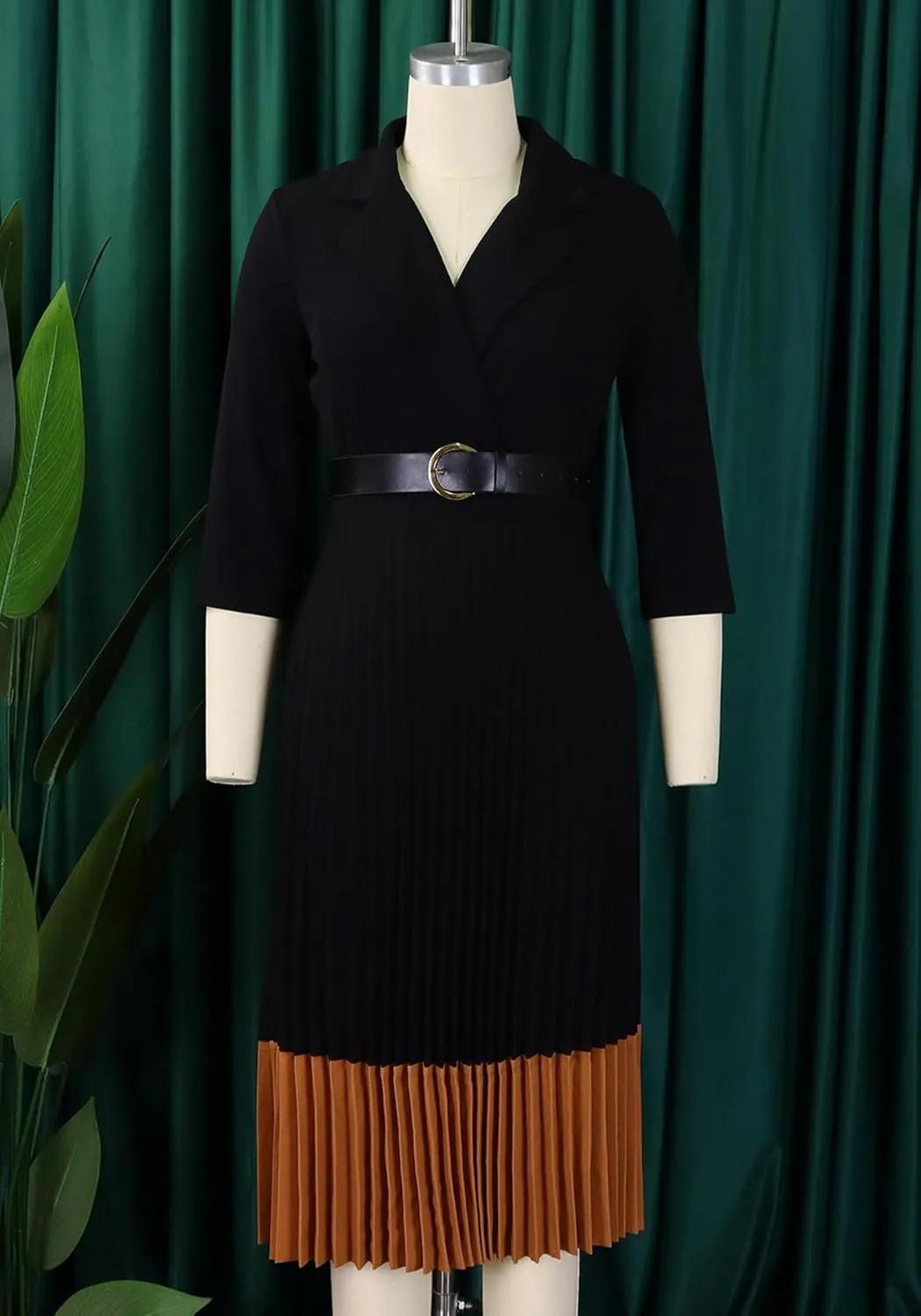 HuiSiFang Women's Long Sleeve Blazer Dress Elegant Dressy Lapel Pleated Midi Dress with Belt