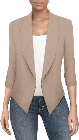 Hybrid & Company Lightweight Open Front Cardigan Classic Ruched Sleeve Work Office Blazer Suit Jackets