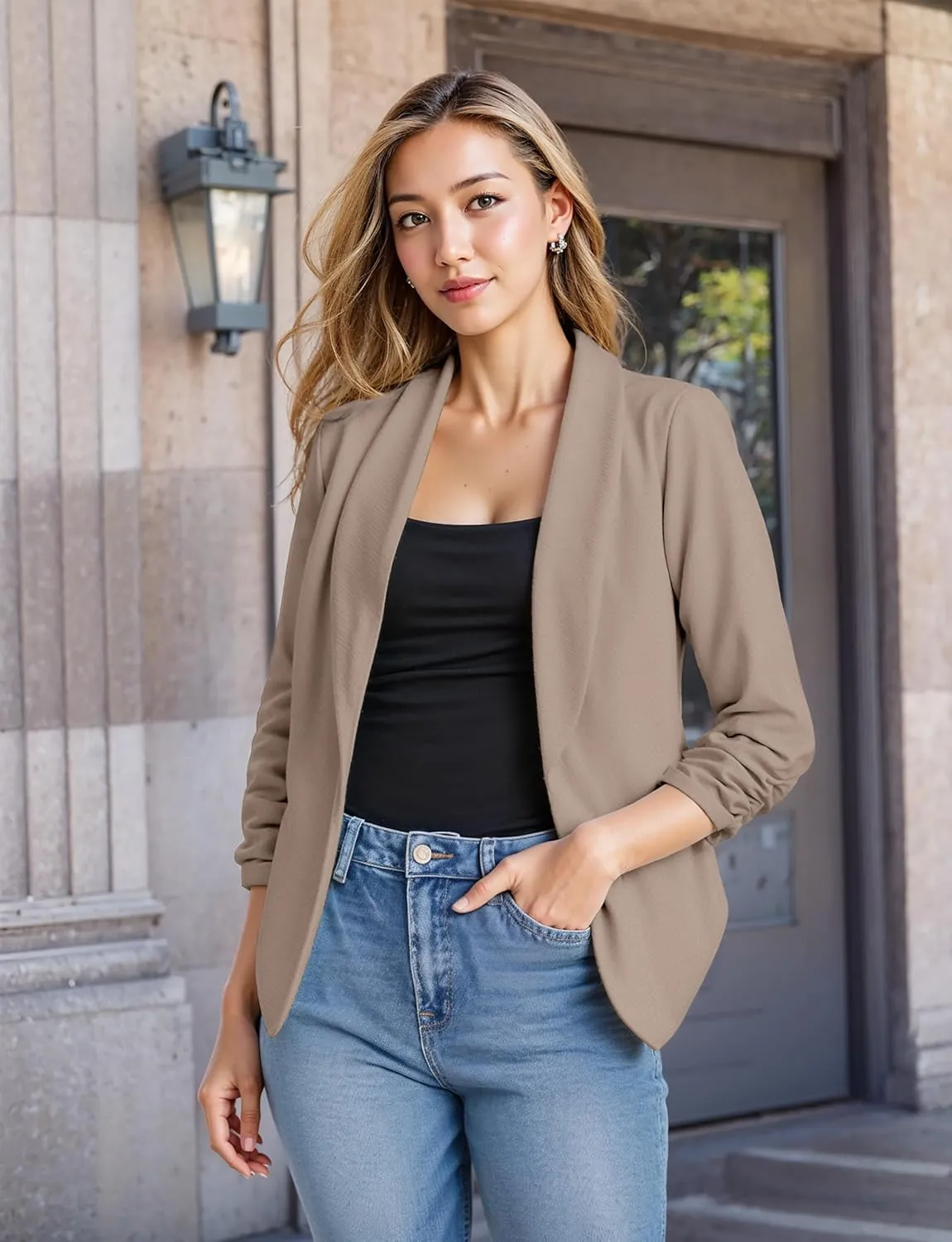 Hybrid & Company Lightweight Open Front Cardigan Classic Ruched Sleeve Work Office Blazer Suit Jackets