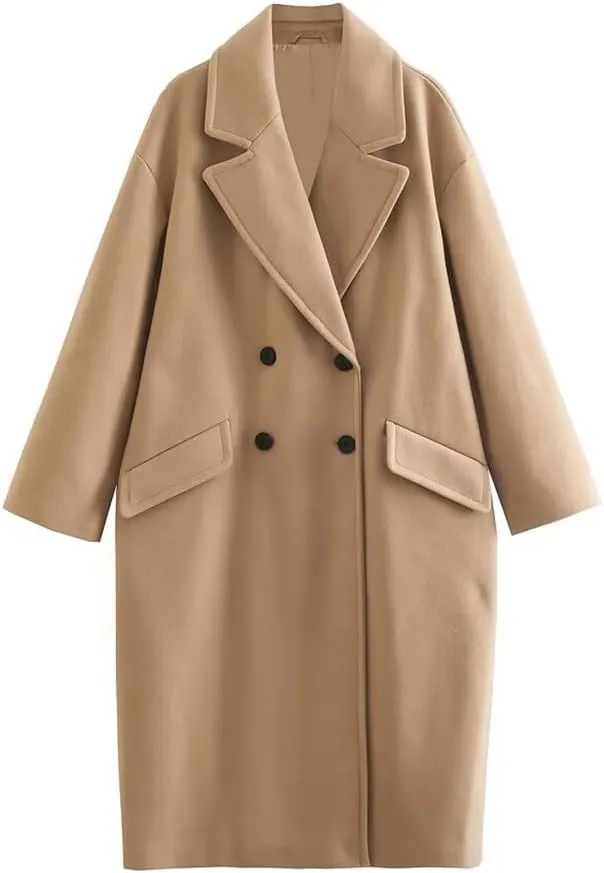 IDEALSANXUN Wool Trench Coat Women Fall Winter Long Peacoat Double Breasted Blazer Jackets Overcoat Coats