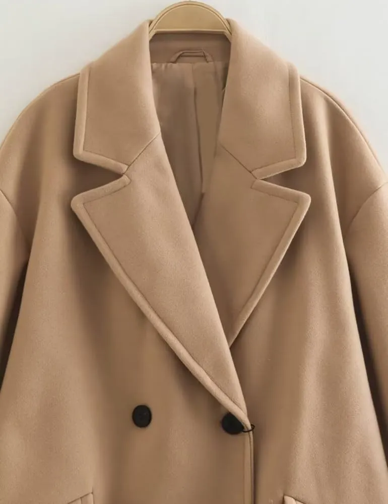 IDEALSANXUN Wool Trench Coat Women Fall Winter Long Peacoat Double Breasted Blazer Jackets Overcoat Coats