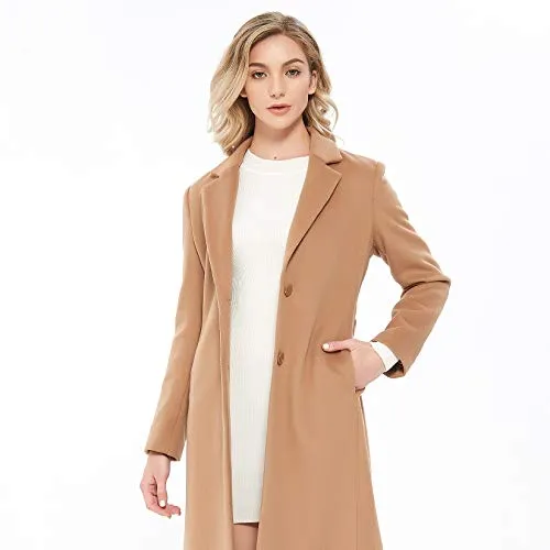 Inno Women’s Notched Lapel Single Breasted Wool Trench Coat Women Long Pea Winter Coat Camel