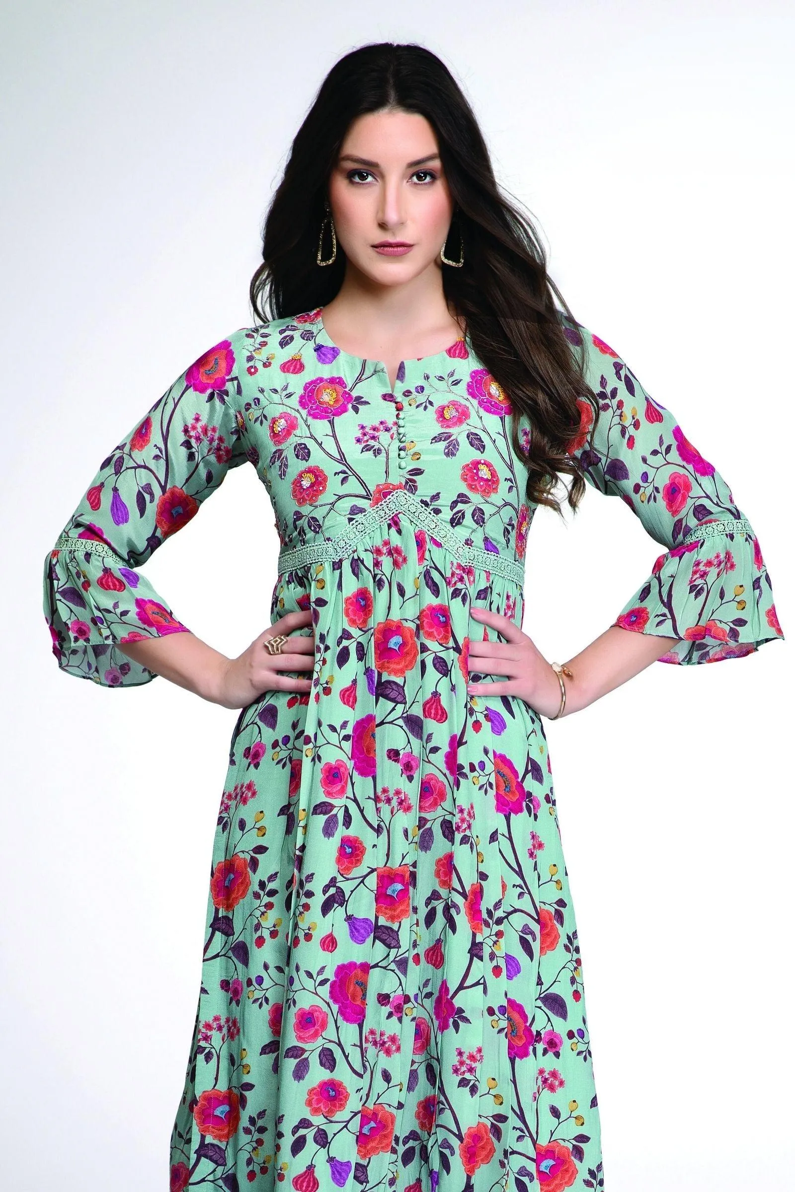 Light Green Sequins work and Multicolor Digital Print Anarkali Styled Calf Length Kurti