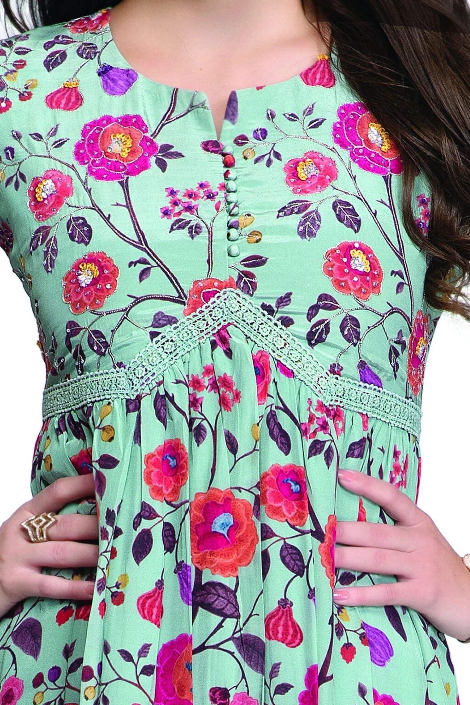 Light Green Sequins work and Multicolor Digital Print Anarkali Styled Calf Length Kurti