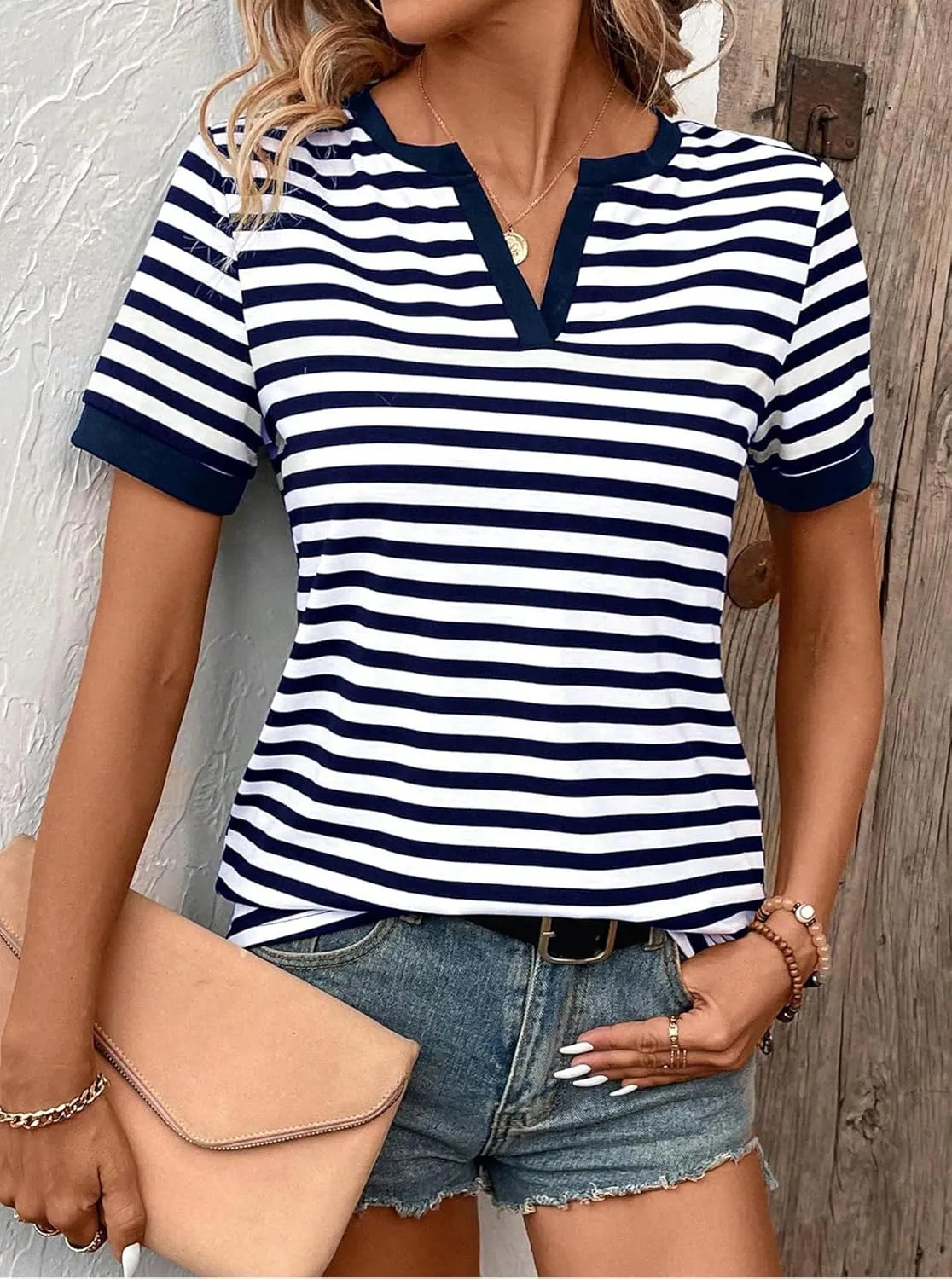 LilyCoco Women's Striped Shirt Short Sleeve Color Block Tops Notched Neck Summer Tee