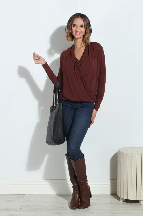 Long Sleeve Cupro Surplice Knit Top