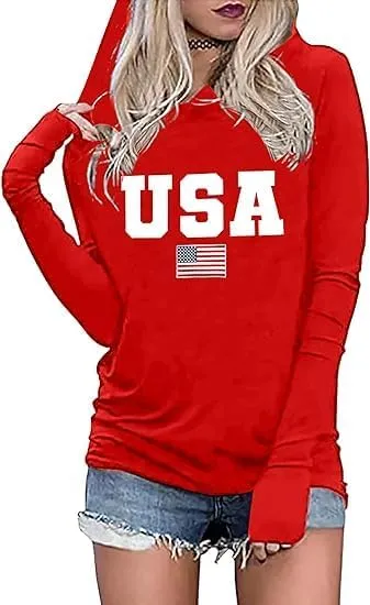LYEIAO American Flag Fashion Hoodie for Women USA Flag Graphic T-Shirt 4th of July Patriotic Long Sleeve Hoodie Pullover Tops