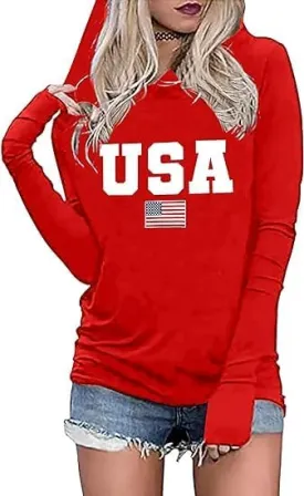 LYEIAO American Flag Fashion Hoodie for Women USA Flag Graphic T-Shirt 4th of July Patriotic Long Sleeve Hoodie Pullover Tops