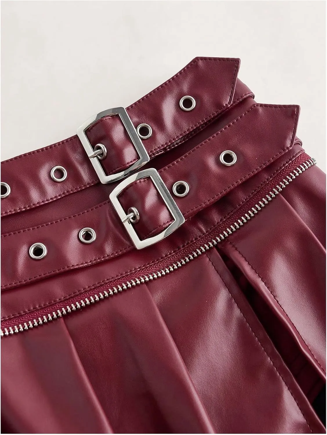 MakeMeChic Women's PU Leather Y2K Skirts Low Waisted Buckle Belted Pleated Mini Skater Skirts