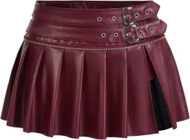 MakeMeChic Women's PU Leather Y2K Skirts Low Waisted Buckle Belted Pleated Mini Skater Skirts