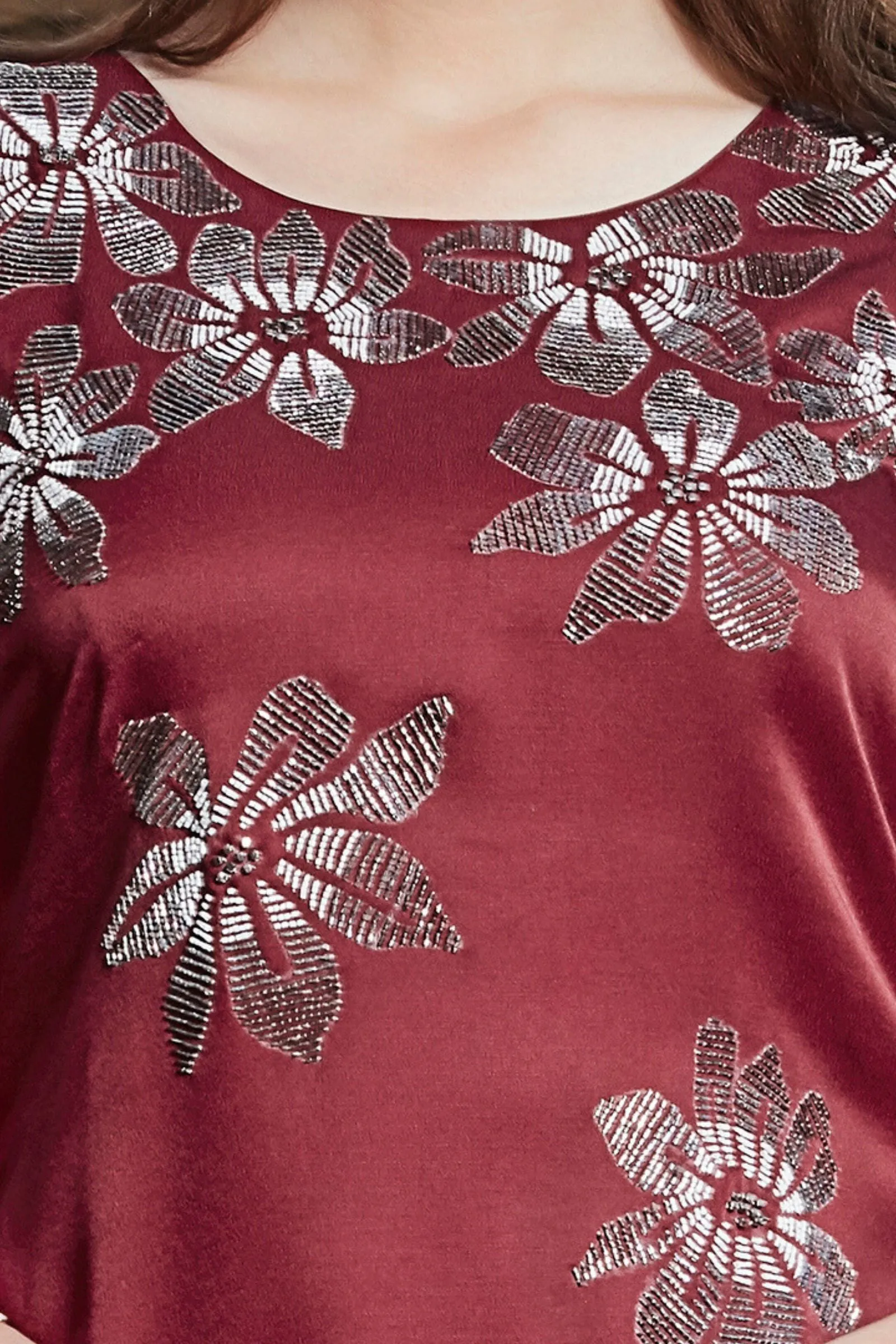 Maroon Beads work Calf Length Kurti