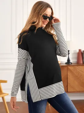 Maternity Mock Neck Striped Color block Tee