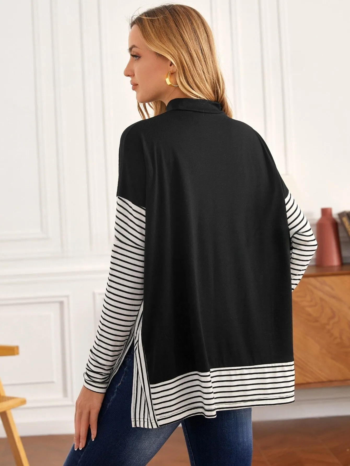 Maternity Mock Neck Striped Color block Tee