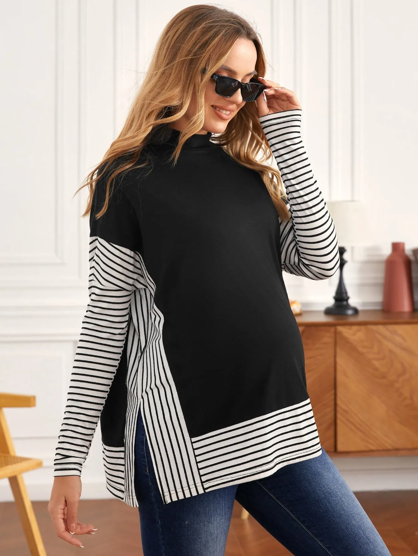 Maternity Mock Neck Striped Color block Tee