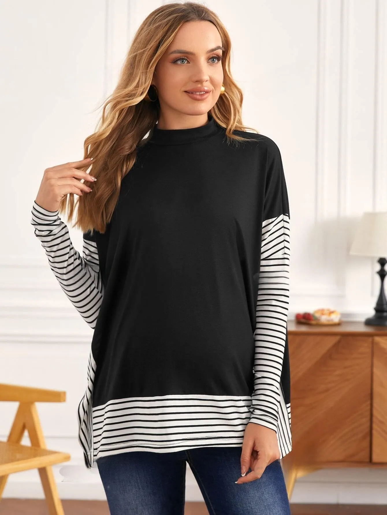Maternity Mock Neck Striped Color block Tee