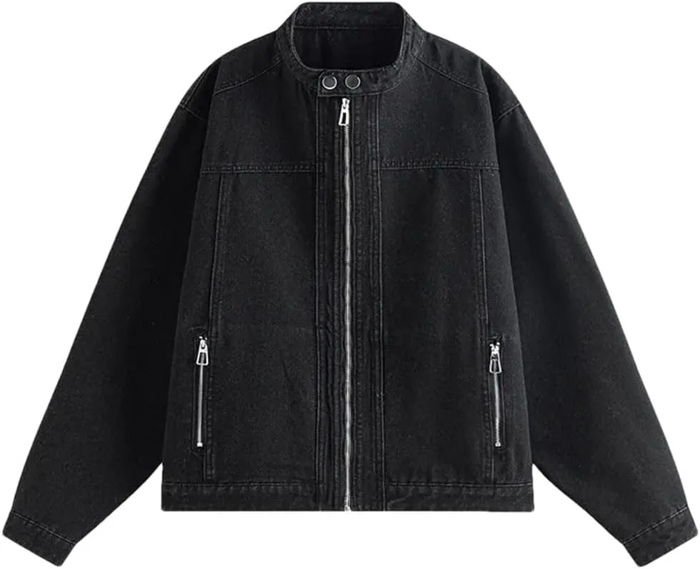Men Denim Jacket Hip Hop Distressed Coat Zipper Pocket Vintage Washed Distressed Loose Jeans Jacket Unisex