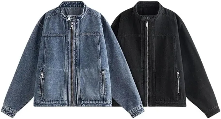Men Denim Jacket Hip Hop Distressed Coat Zipper Pocket Vintage Washed Distressed Loose Jeans Jacket Unisex