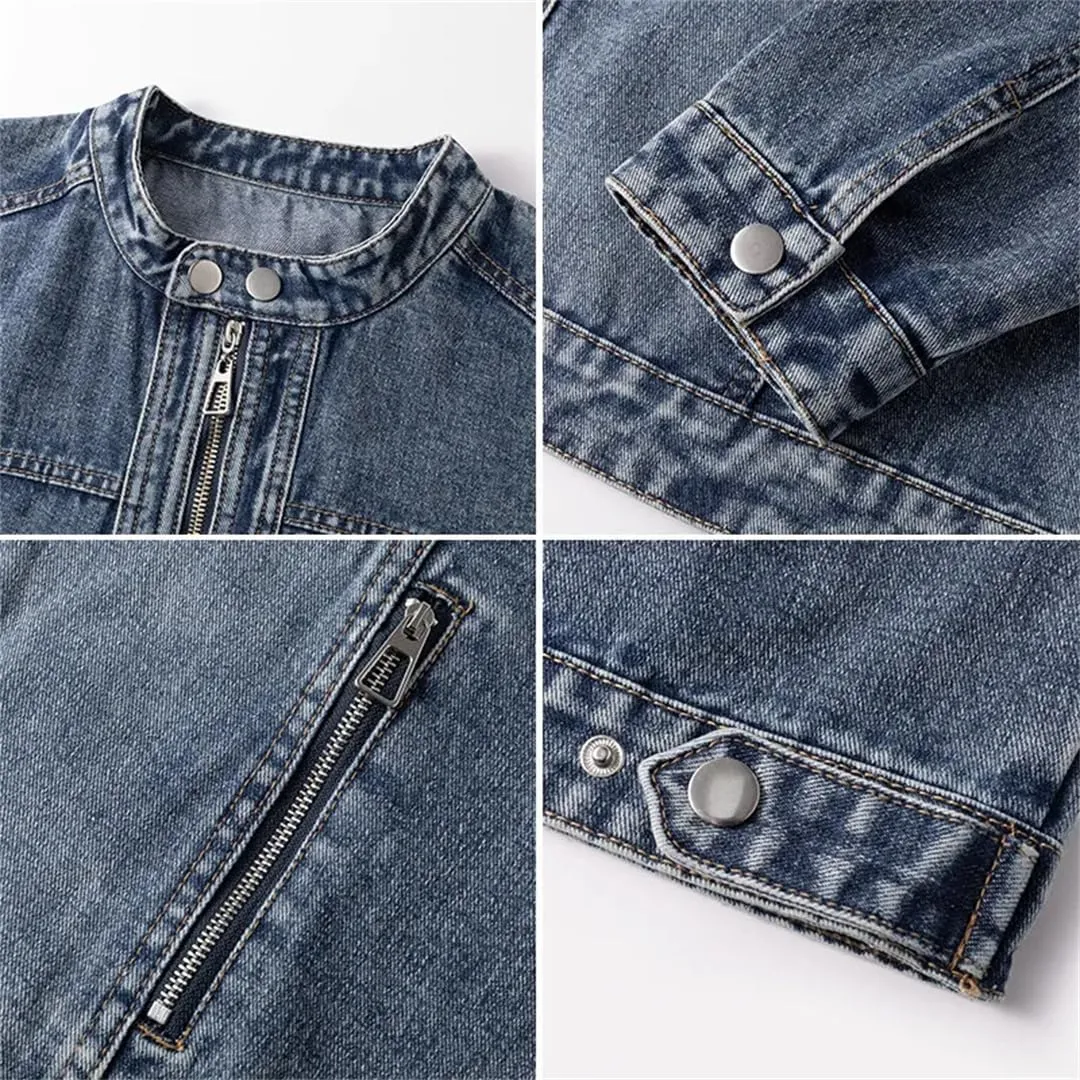 Men Denim Jacket Hip Hop Distressed Coat Zipper Pocket Vintage Washed Distressed Loose Jeans Jacket Unisex