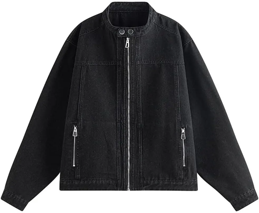 Men Denim Jacket Hip Hop Distressed Coat Zipper Pocket Vintage Washed Distressed Loose Jeans Jacket Unisex