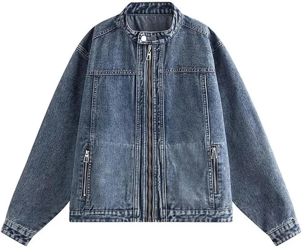 Men Denim Jacket Hip Hop Distressed Coat Zipper Pocket Vintage Washed Distressed Loose Jeans Jacket Unisex