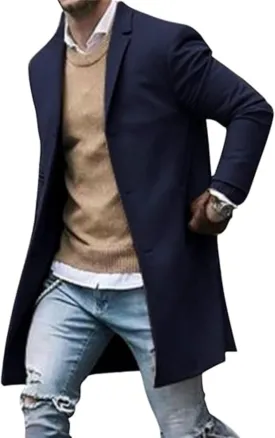 Men Wool Blend Single Breasted Overcoat Winter Slim Long Trench Coat Mid-Length Lightweight Notched Collar Jacket
