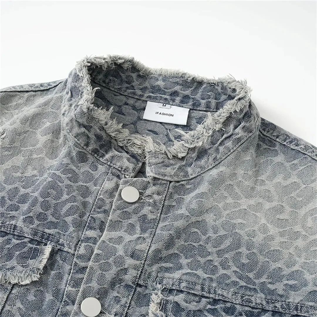 Men's Print Denim Jacket Loose Fringe Ripped Distressed Cotton Coat Stand Collar Long Sleeve Top Outerwear