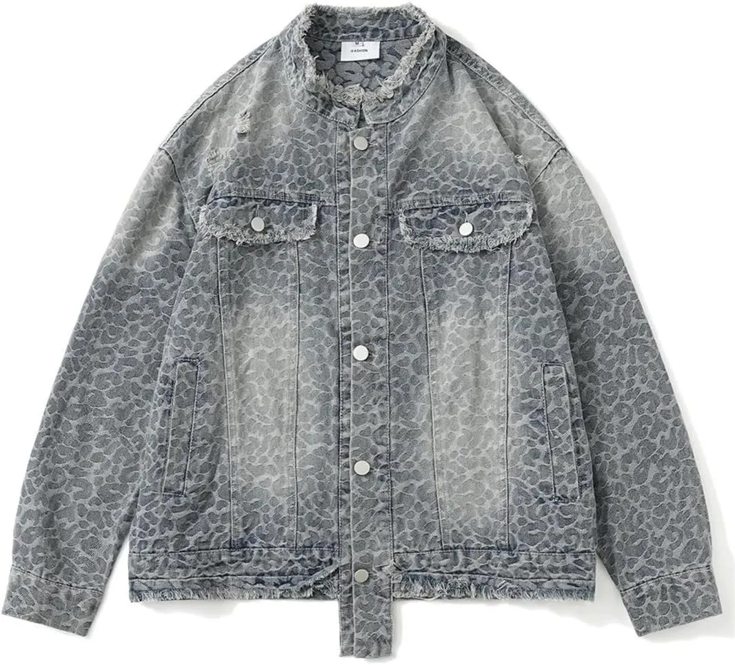 Men's Print Denim Jacket Loose Fringe Ripped Distressed Cotton Coat Stand Collar Long Sleeve Top Outerwear