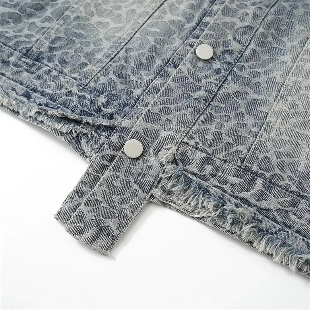 Men's Print Denim Jacket Loose Fringe Ripped Distressed Cotton Coat Stand Collar Long Sleeve Top Outerwear