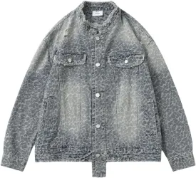 Men's Print Denim Jacket Loose Fringe Ripped Distressed Cotton Coat Stand Collar Long Sleeve Top Outerwear