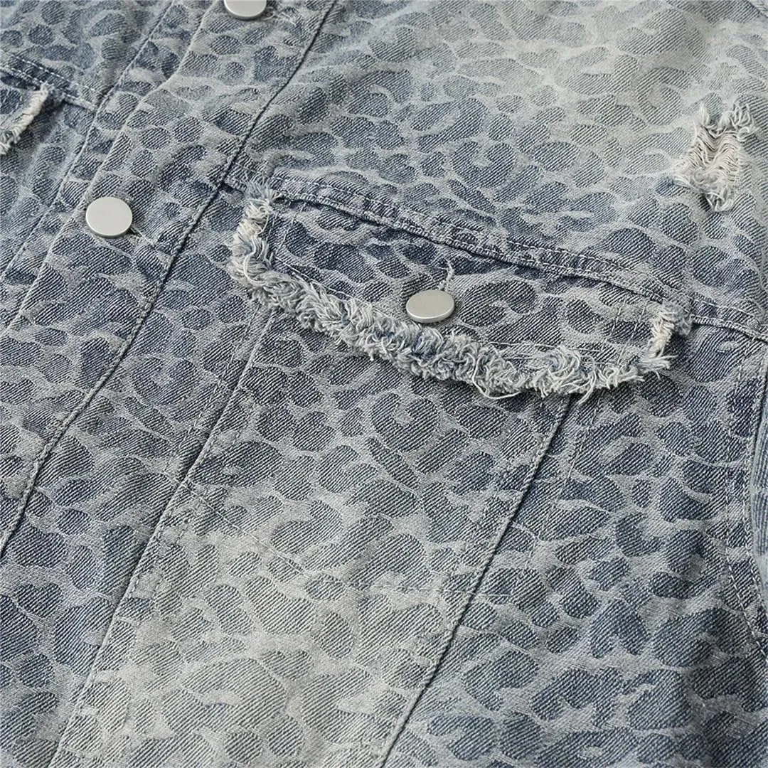 Men's Print Denim Jacket Loose Fringe Ripped Distressed Cotton Coat Stand Collar Long Sleeve Top Outerwear