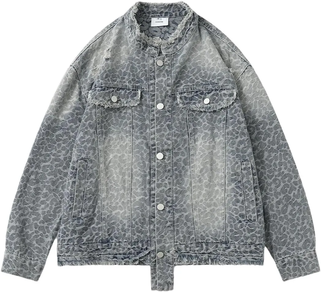 Men's Print Denim Jacket Loose Fringe Ripped Distressed Cotton Coat Stand Collar Long Sleeve Top Outerwear