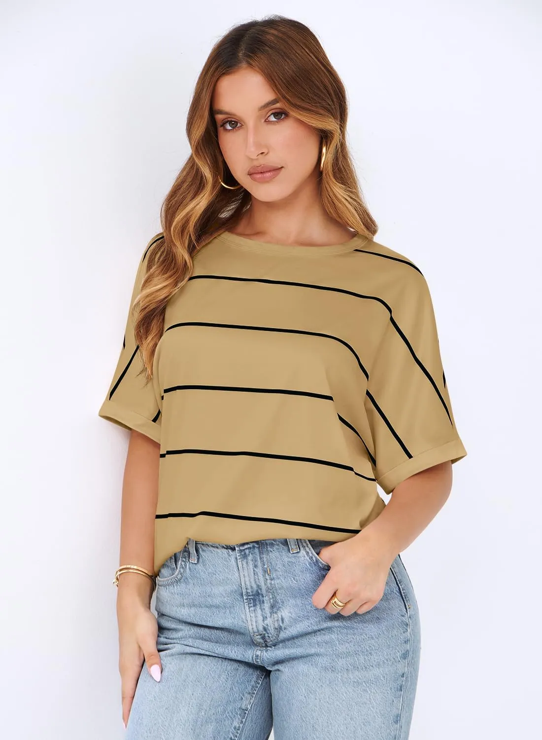 MIHOLL Womens Summer 2025 Striped Tops Batwing Short Sleeve Shirts Crewneck Casual Loose Blouses