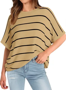 MIHOLL Womens Summer 2025 Striped Tops Batwing Short Sleeve Shirts Crewneck Casual Loose Blouses