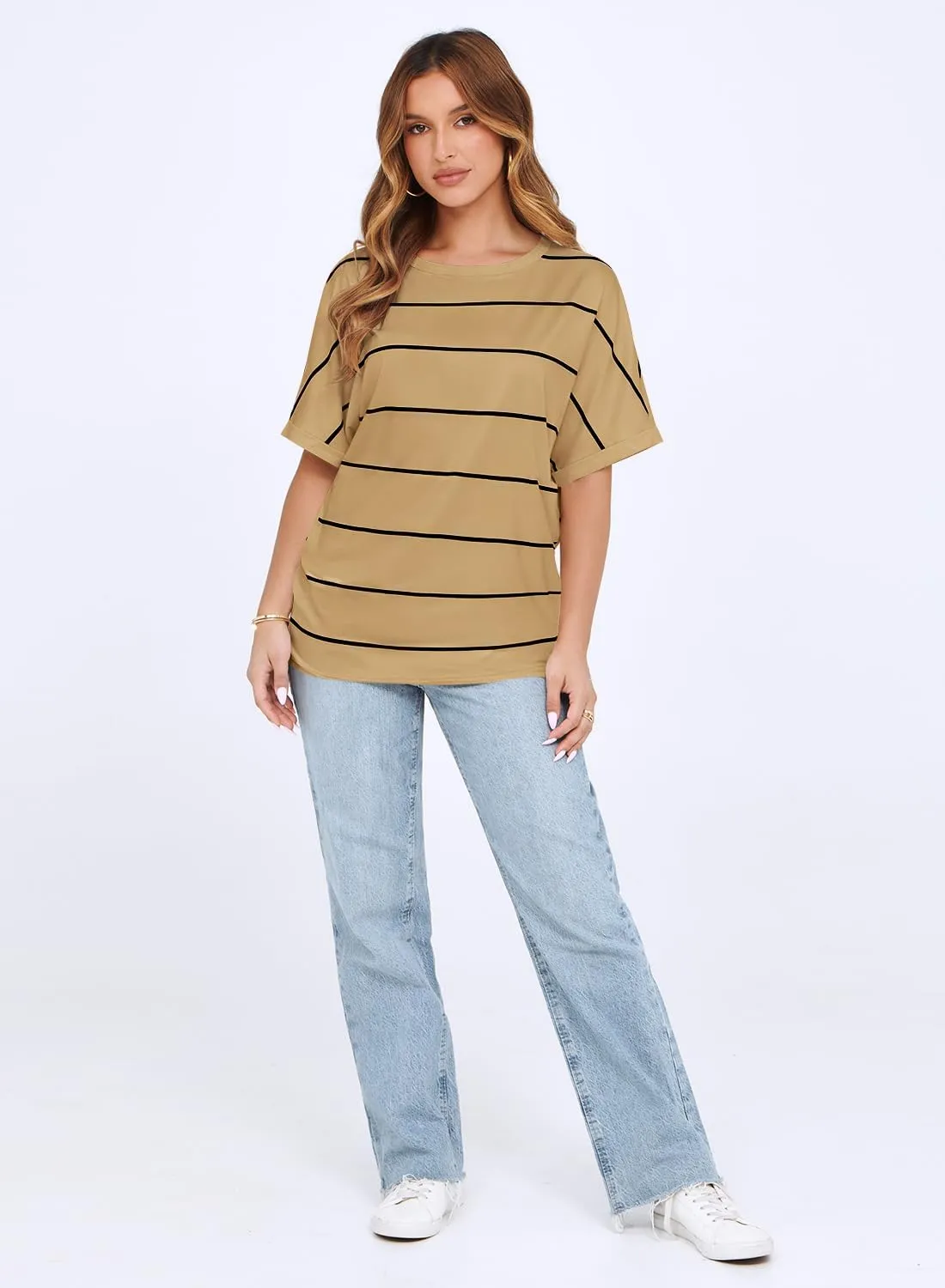 MIHOLL Womens Summer 2025 Striped Tops Batwing Short Sleeve Shirts Crewneck Casual Loose Blouses