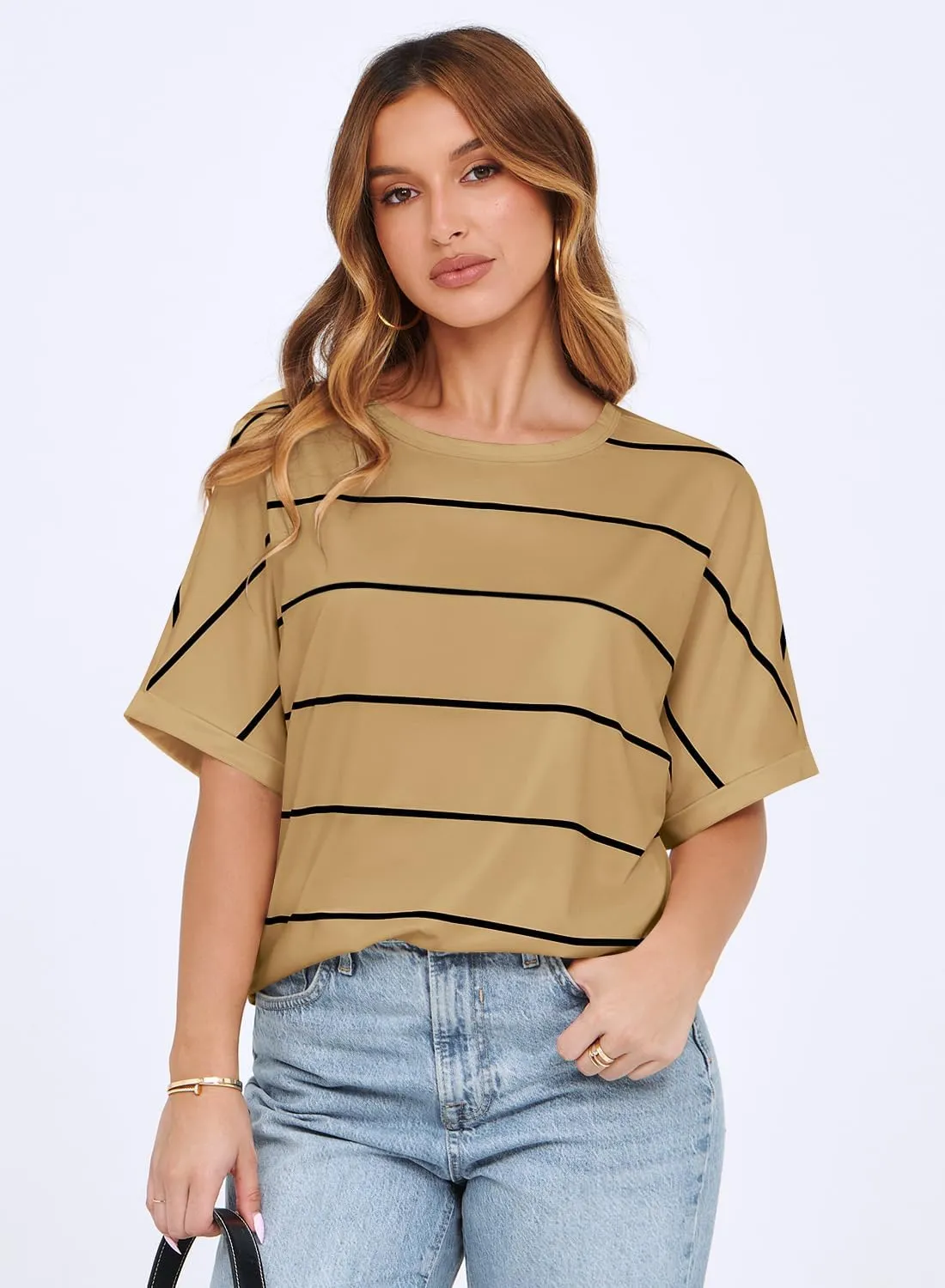 MIHOLL Womens Summer 2025 Striped Tops Batwing Short Sleeve Shirts Crewneck Casual Loose Blouses